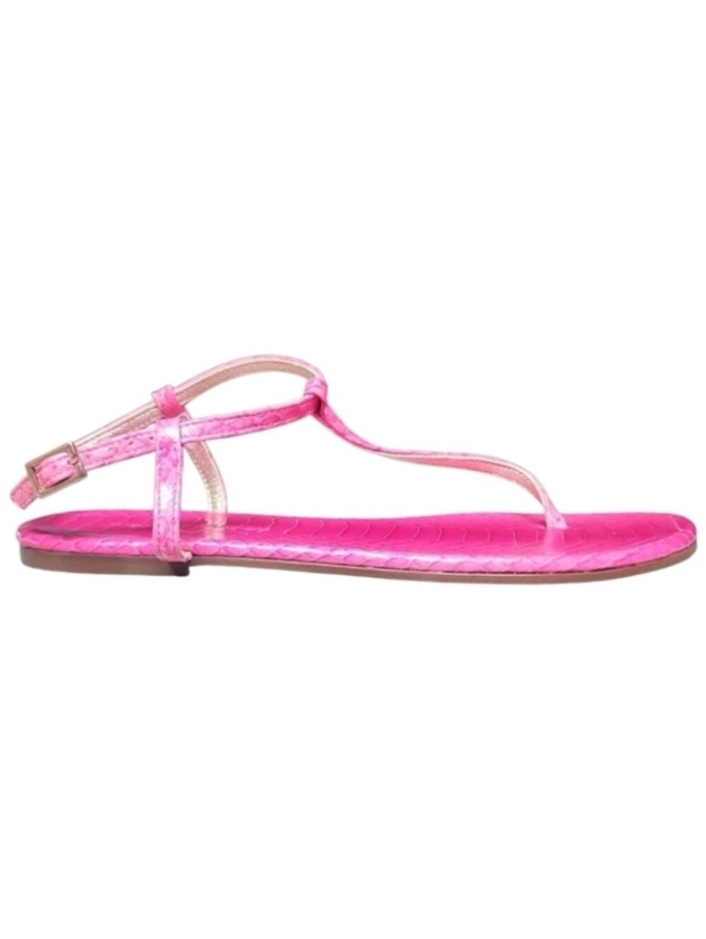 AVEC MODERATION | Pink Snakeskin Embossed Leather T-Strap Sandals in Siz…
